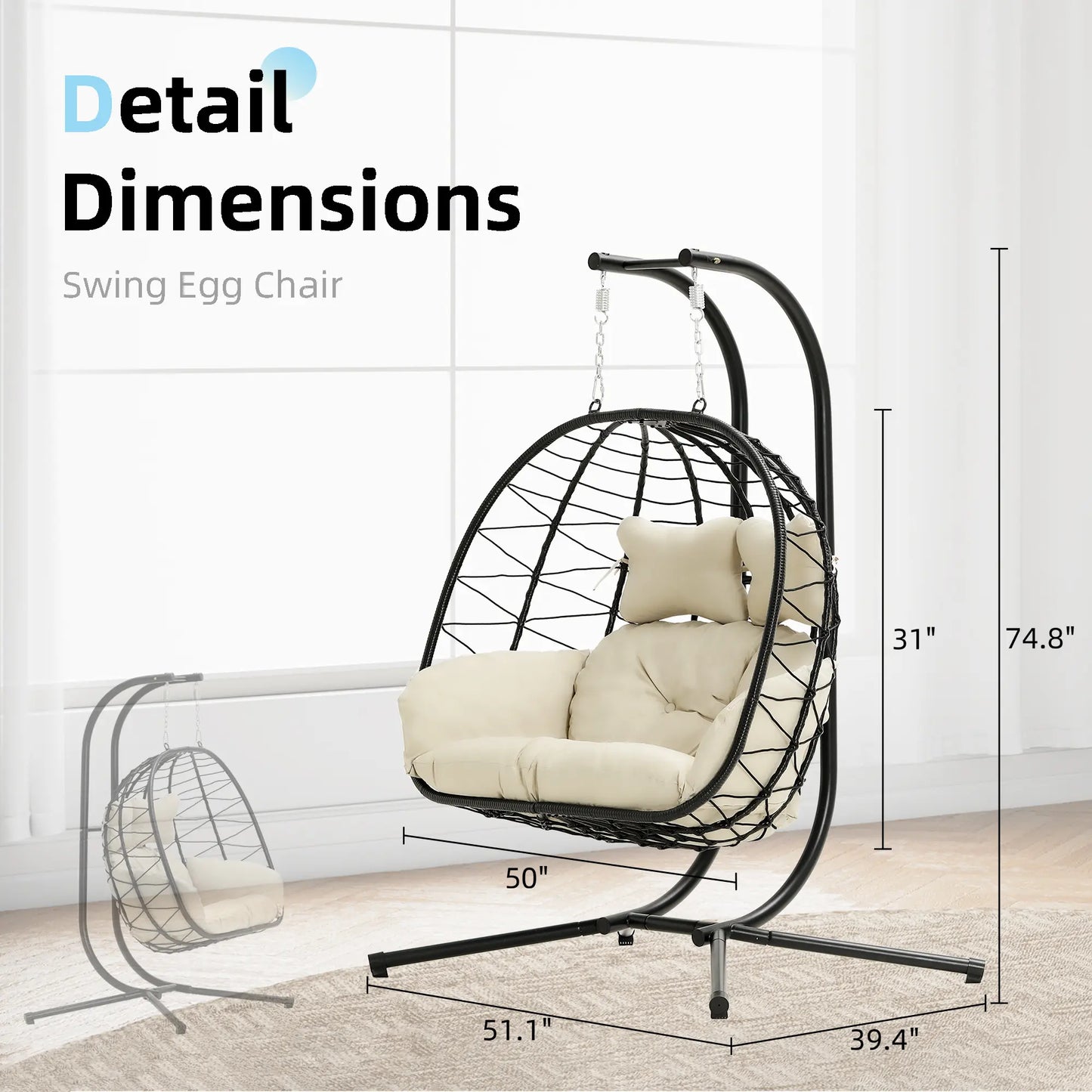 Double Hanging Basket Chair (with Cushions) — Foldable Outdoor Leisure Chair — 700 lb Weight Capacity