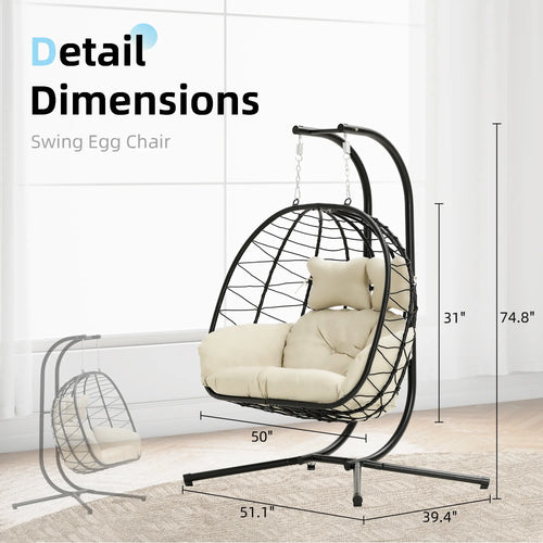 Double Hanging Basket Chair (with Cushions) — Foldable Outdoor Leisure Chair — 700 lb Weight Capacity