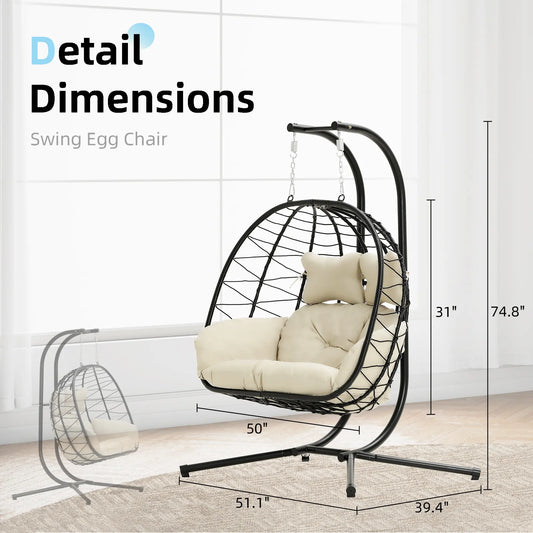 Double Hanging Basket Chair (with Cushions) — Foldable Outdoor Leisure Chair — 700 lb Weight Capacity