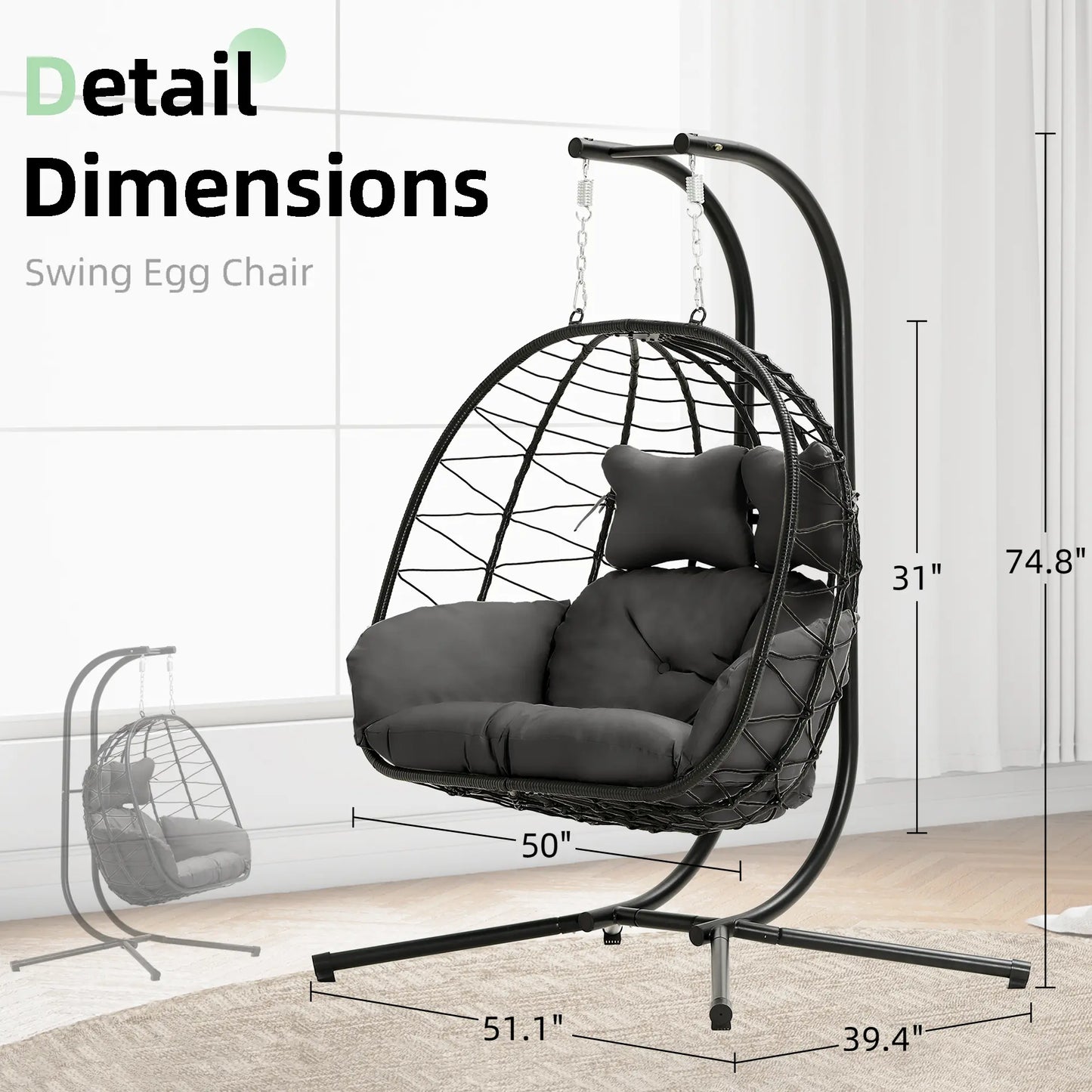 Double Hanging Basket Chair (with Cushions) — Foldable Outdoor Leisure Chair — 700 lb Weight Capacity