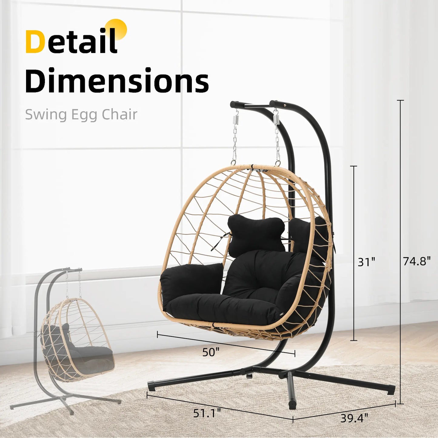 Double Hanging Basket Chair (with Cushions) — Foldable Outdoor Leisure Chair — 700 lb Weight Capacity
