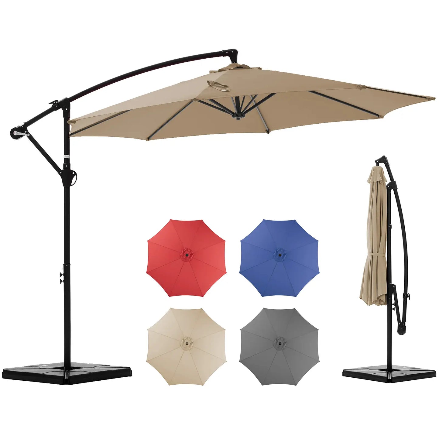 10ft Offset Outdoor Patio Umbrella with Base, Easy Tilt & Crank, Adjustable Polyester Shade for Garden, Backyard, Poolside