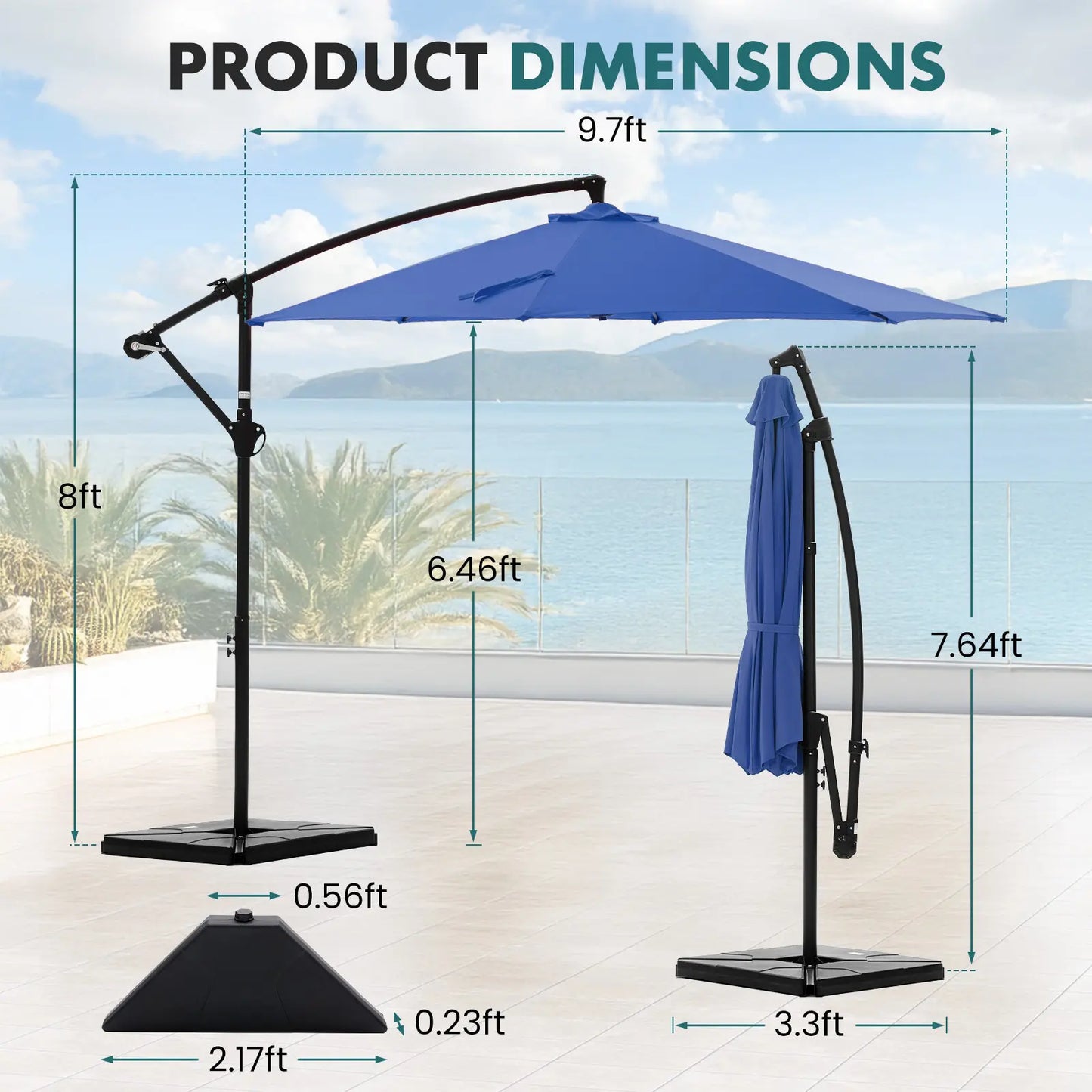 10ft Offset Outdoor Patio Umbrella with Base, Easy Tilt & Crank, Adjustable Polyester Shade for Garden, Backyard, Poolside
