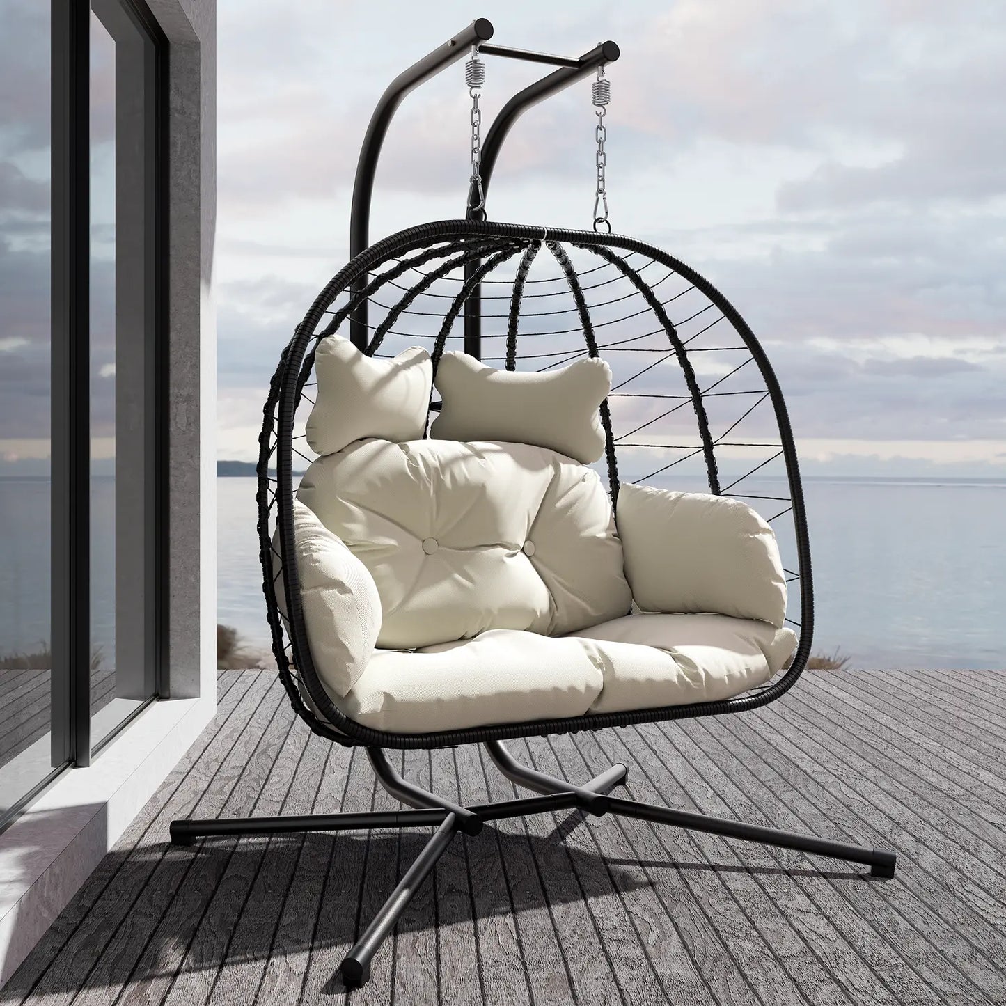 Double Hanging Basket Chair (with Cushions) — Foldable Outdoor Leisure Chair — 700 lb Weight Capacity