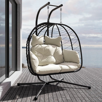 Double Hanging Basket Chair (with Cushions) — Foldable Outdoor Leisure Chair — 700 lb Weight Capacity