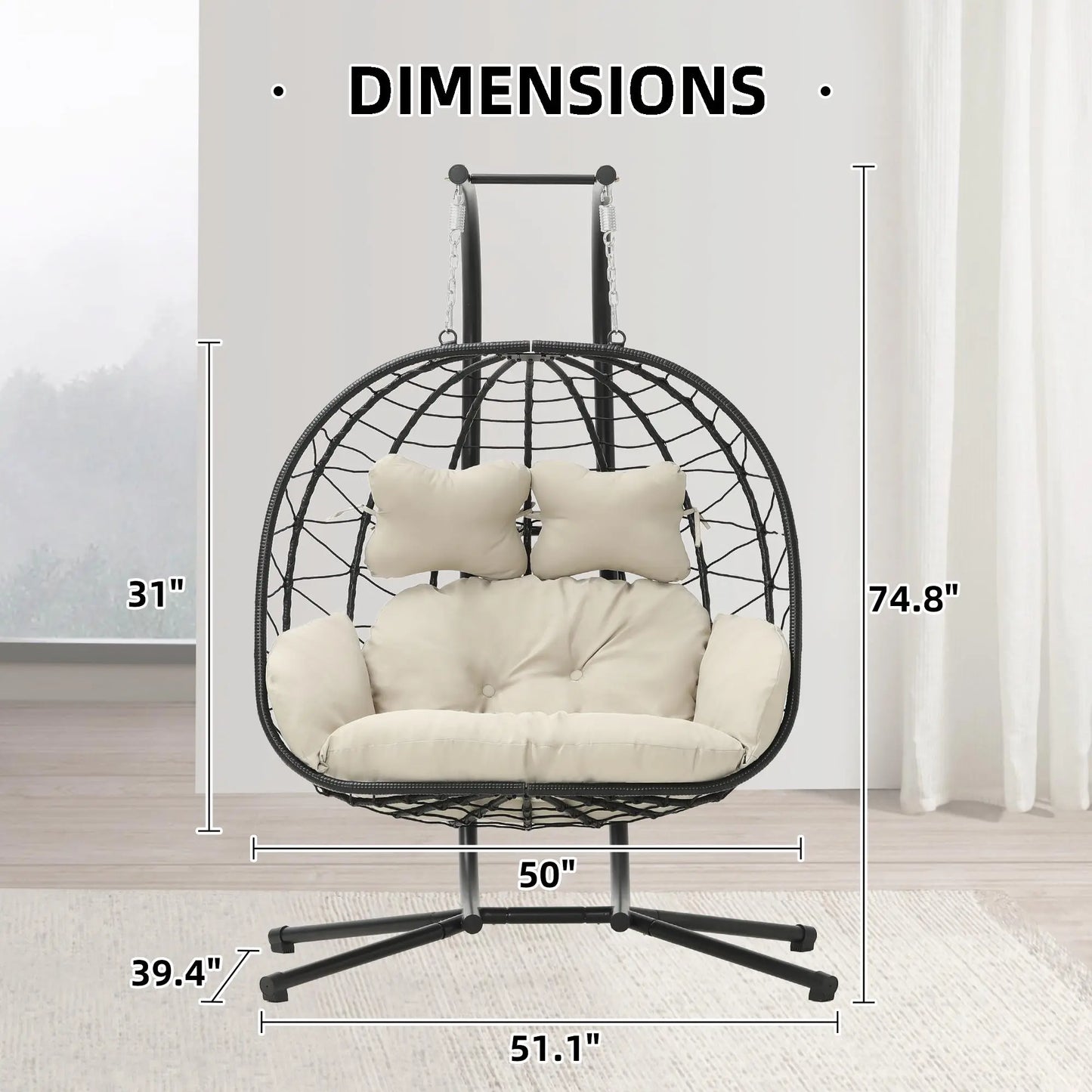 Double Hanging Basket Chair (with Cushions) — Foldable Outdoor Leisure Chair — 700 lb Weight Capacity