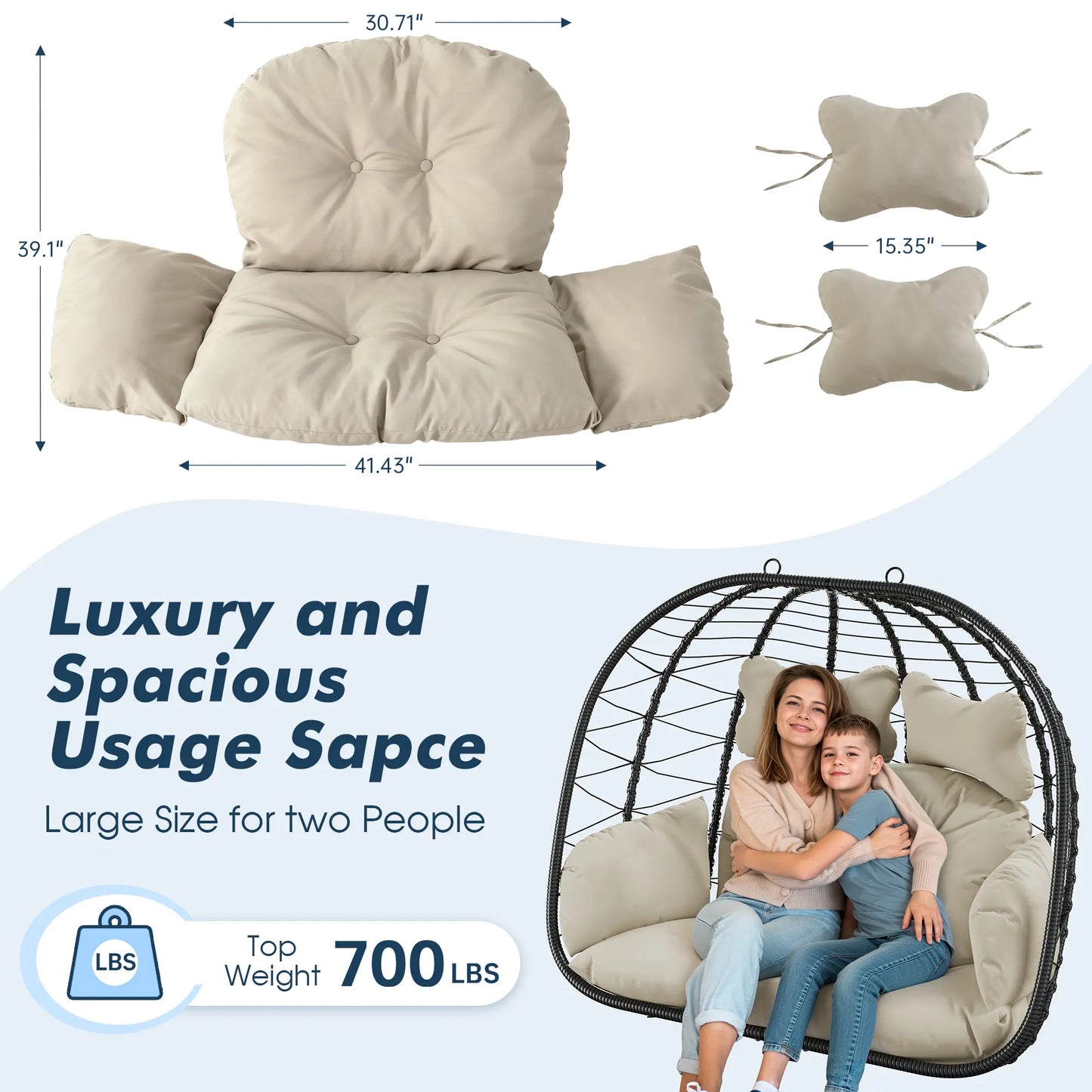Double Hanging Basket Chair (with Cushions) — Foldable Outdoor Leisure Chair — 700 lb Weight Capacity