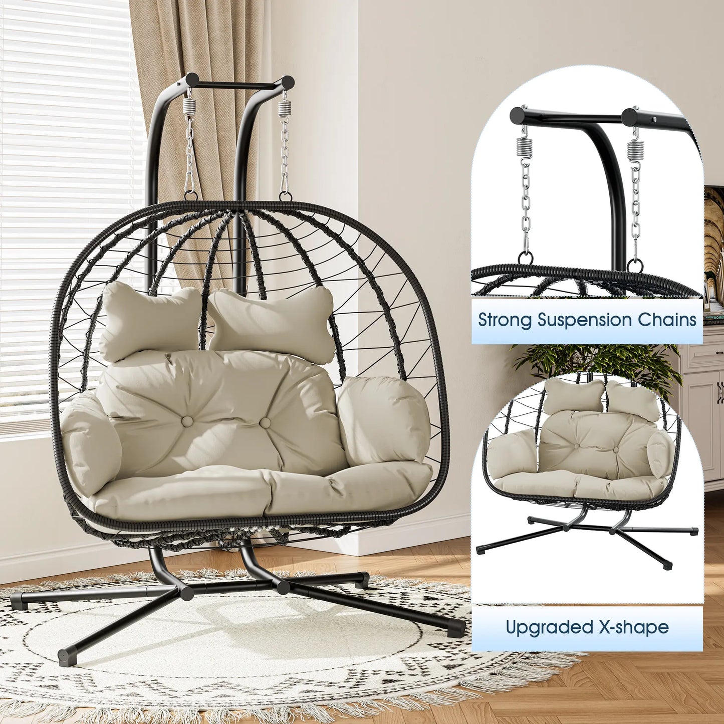 Double Hanging Basket Chair (with Cushions) — Foldable Outdoor Leisure Chair — 700 lb Weight Capacity