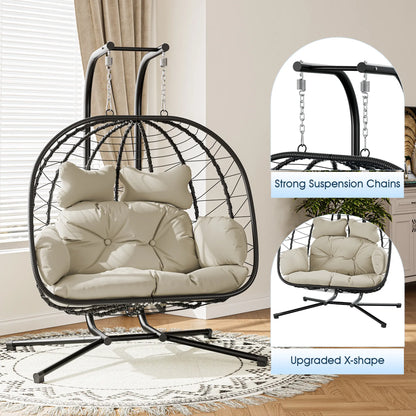 Double Hanging Basket Chair (with Cushions) — Foldable Outdoor Leisure Chair — 700 lb Weight Capacity