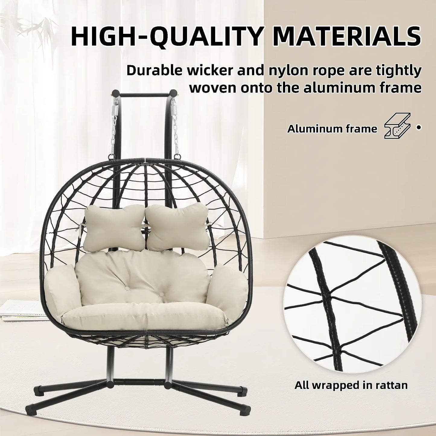 Double Hanging Basket Chair (with Cushions) — Foldable Outdoor Leisure Chair — 700 lb Weight Capacity