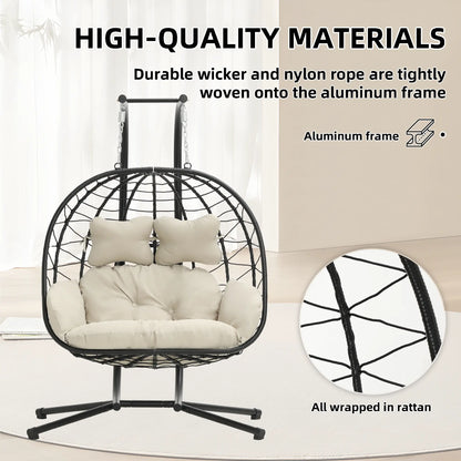 Double Hanging Basket Chair (with Cushions) — Foldable Outdoor Leisure Chair — 700 lb Weight Capacity