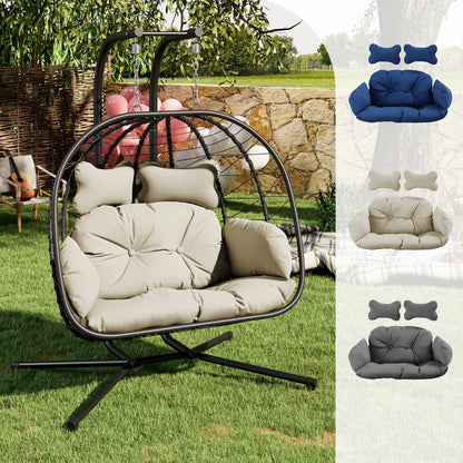 Double Hanging Basket Chair (with Cushions) — Foldable Outdoor Leisure Chair — 700 lb Weight Capacity