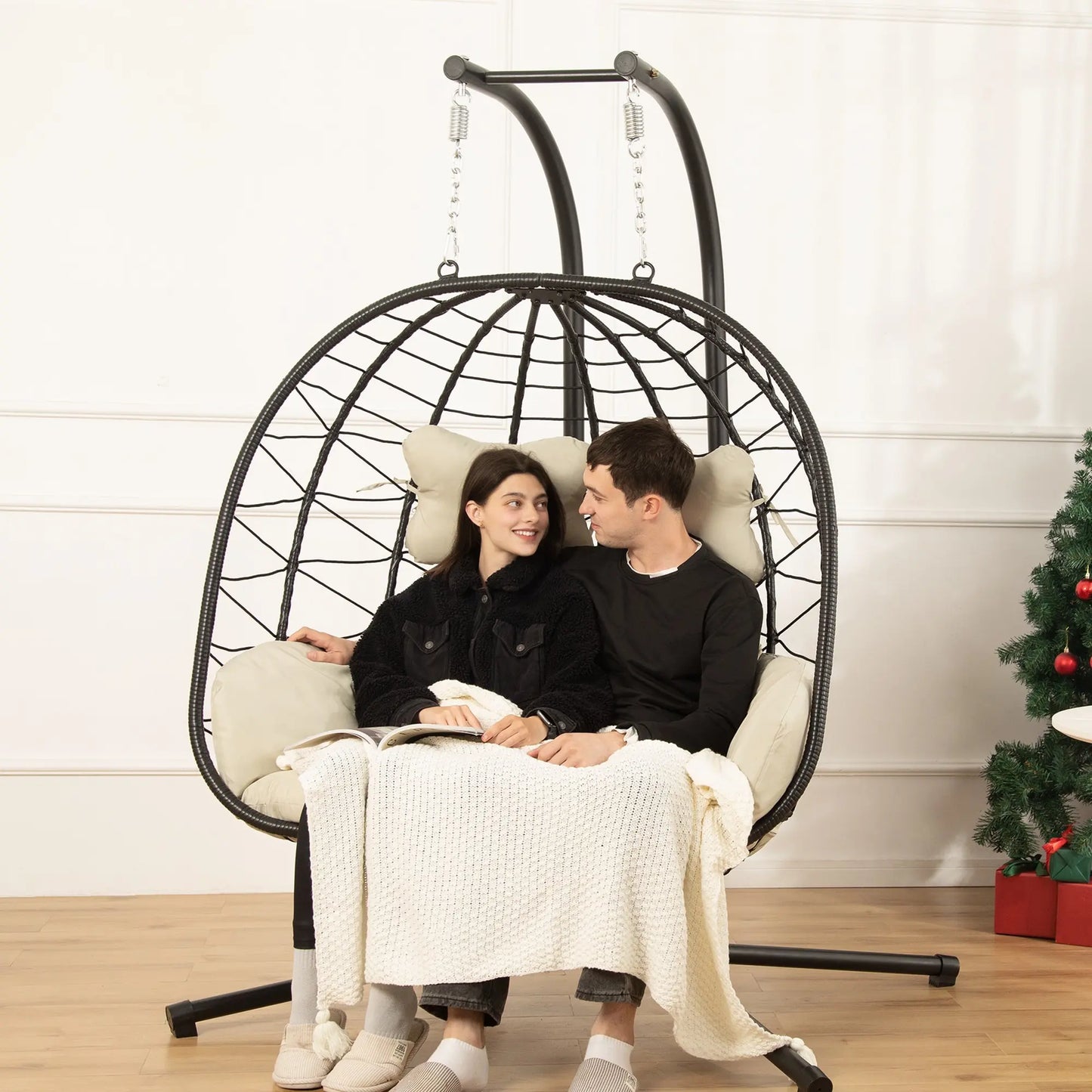 Double Hanging Basket Chair (with Cushions) — Foldable Outdoor Leisure Chair — 700 lb Weight Capacity