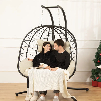 Double Hanging Basket Chair (with Cushions) — Foldable Outdoor Leisure Chair — 700 lb Weight Capacity